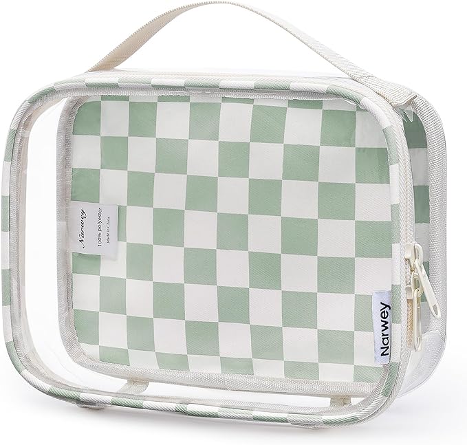 Narwey TSA Approved Toiletry Bag Carry on Clear Toiletry Bag Makeup Bag, Airport Airline Quart Size Travel Bags, Waterproof Portable Compact Cosmetic Make up Organizer Bag (Mint Green Checkerboard)