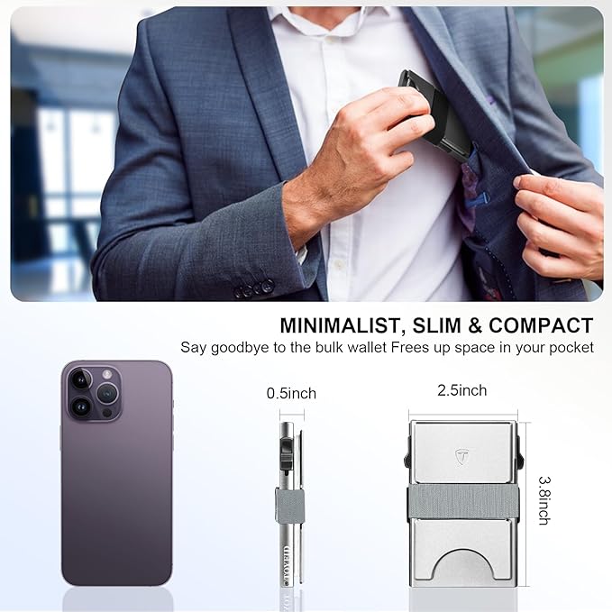 TOYFID Slim Card Holder for Men&Women Compact Metal Front Pocket Wallets Pop Up Quick Access Credit Cards Holder with RFID Blocking Expandable Backplate&Money Band,Holds 12+ Cards,Silver