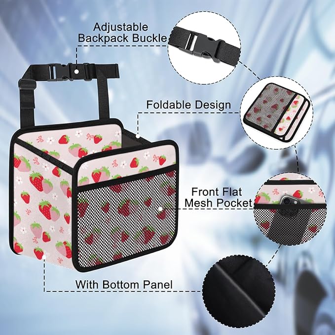 Cute Strawberry Print Car Organizer for Kids, Backseat Headrest Storage Bag, Adorable Cartoon Fruit Pattern, Foldable Waterproof PU Leather Organizer, Perfect for Mom and Baby