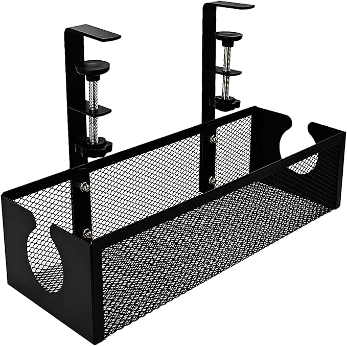 Under Desk Cable Management Tray – No Drill Metal Mesh Cord Organizer for Home Office & Standing, Adjustable Wire Organizer, Space-Saving Desk Tray (Black)