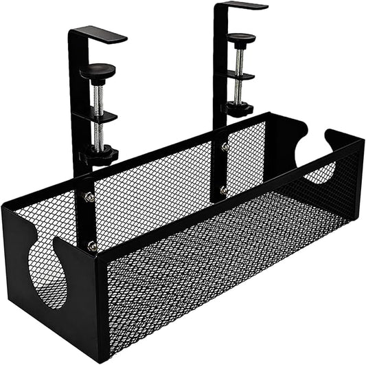 Under Desk Cable Management Tray – No Drill Metal Mesh Cord Organizer for Home Office & Standing, Adjustable Wire Organizer, Space-Saving Desk Tray (Black)
