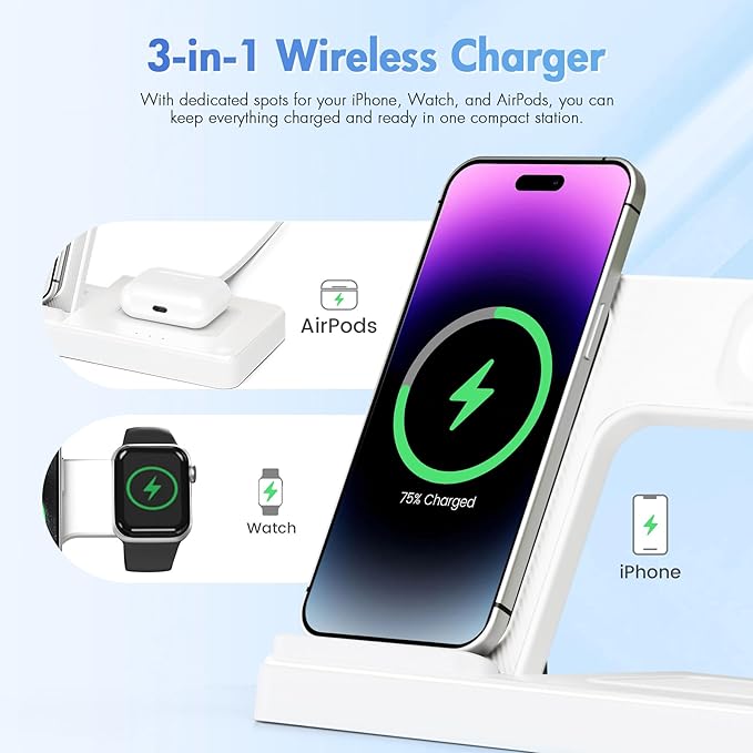 Wireless Charging Station for Apple Devices: 3 in 1 Foldable Qi Compact Case-Friendly Charger Stand for iPhone 17-12 & Apple Watch & AirPods Charging Dock for Travel Home Office Desk Nightstand(White)