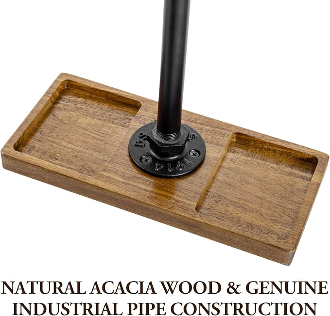 MyGift Premium Acacia Solid Wood and Industrial Black Metal Pipe T-Bar Over Ear Headphones Holder, Tabletop Dual Headphone Display Stand with Accessories Tray