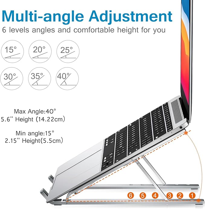 ivoler Laptop Stand, Laptop Holder Riser Computer Tablet Stand, 6 Angles Adjustable Aluminum Ergonomic Foldable Portable Desktop Holder Compatible with 10-15.6” MacBook,iPad, HP, Dell, Lenovo Silver