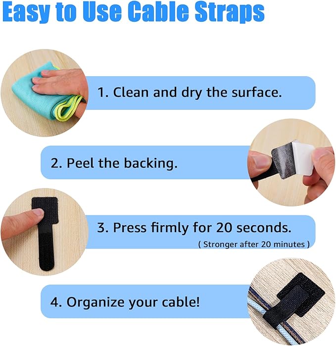 80PCS Hook and Loop Cable Ties, Hook and Loop Cable Straps, Under Desk Cable Management, Adhesive Cable Clips, Sticky-Back Cord Organizer for Desk, Household & Office Organization (White+Gray)