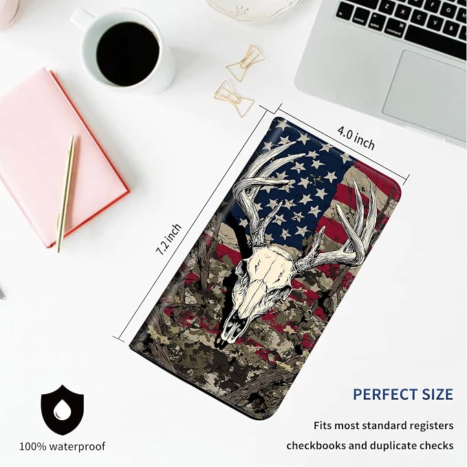 DEGDFSGR Checkbook Cover PU Leather Checkbook Covers for Women for Duplicate Checks, Check Book Covers with RFID Blocking Function for Personal Checkbook, Deer Skull American Flag