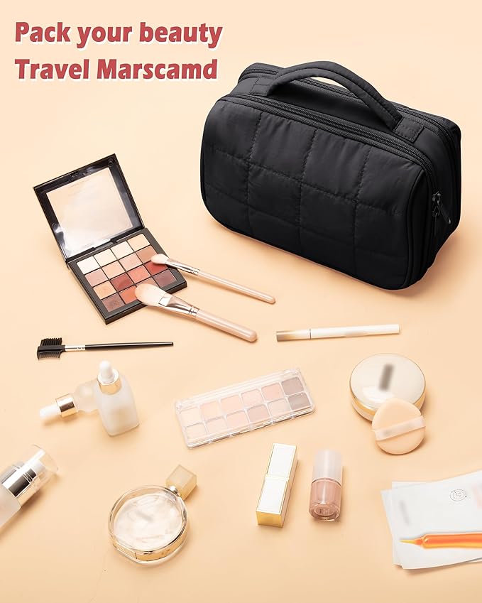 Marscamd Travel Makeup Bag for Women, Puffy Cosmetics Organizer with Waterproof Pockets, Toiletry Pouch for Makeup Brushes, Skincare & Travel Essentials, Black (Bag Only)