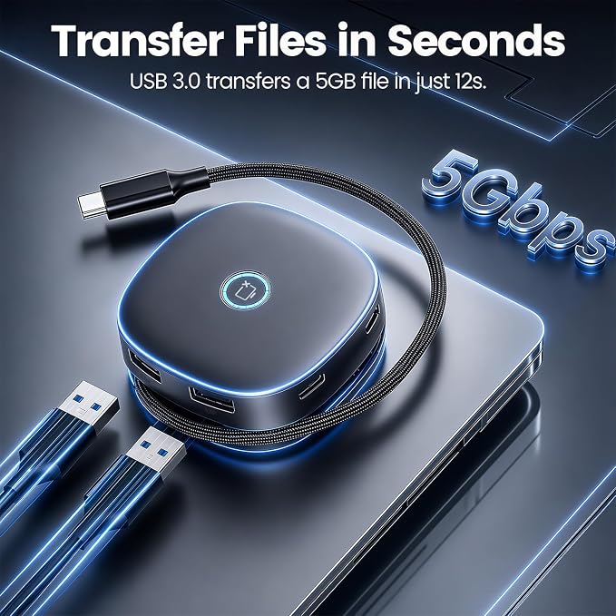 7-in-1 Compact Magnetic USB C Hub with One-Touch Display Off, 4K@60Hz HDMI, 100W PD, 2 USB-A & 1 USB-C 5Gbps, SD/TF Card Reader, Built-in Cable Storage for MacBook, Laptop, Meeting and Travel