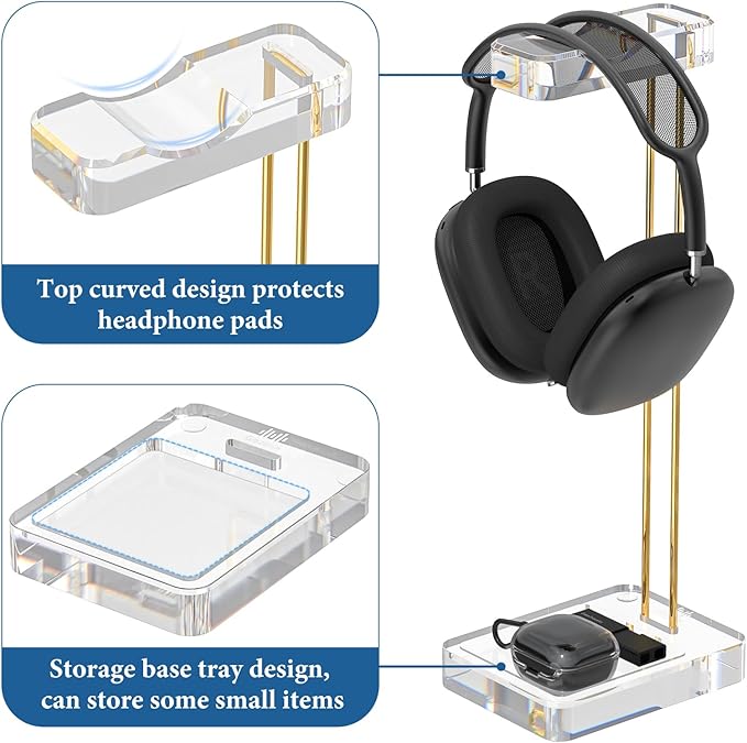 GEEKRIA Headphone Stand for Desk, Clear Acrylic Headset Stand with Gold Metal Accent, Gaming Headphone Holder, Universal Desktop Display Stand for Over-Ear Headphones