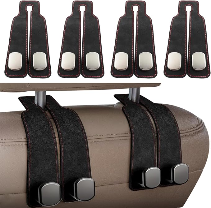 Headrest Hooks - Car Seat Back Double Hook Leather, Purses Hooks (4-Black)