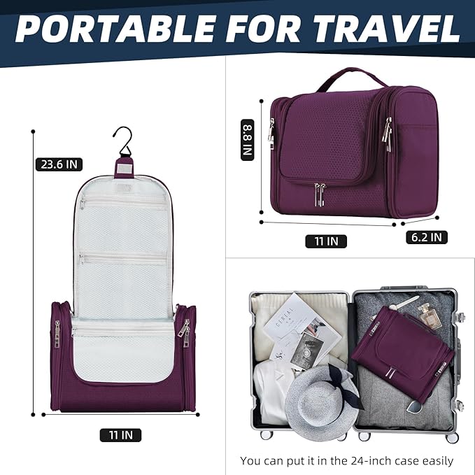 Buruis Hanging Toiletry Bag for Women and Men, Large Water-Resistant Makeup Organizer with Sturdy Hook, Lightweight Nylon Dopp Kit for Full-Sized Toiletries & Cosmetics, Purple