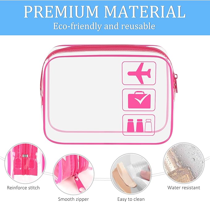 sogiv 3Pcs TSA Approved Toiletry Bag, Clear Travel Toiletry Bag, Clear Makeup Bag, Waterproof Travel Makeup Cosmetic Bag, Carry On Airport Airline Quart Size Travel Bag for Women Men (Pink)