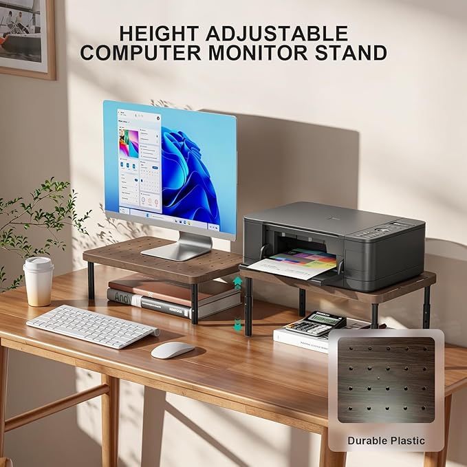 WALI Plastic Computer Monitor Stand for Desk, Adjustable Laptop Riser, Desk Monitor Stand Underneath Storage for Office, Home, School Supplies (PTT001-C), 1 Pack, Brown