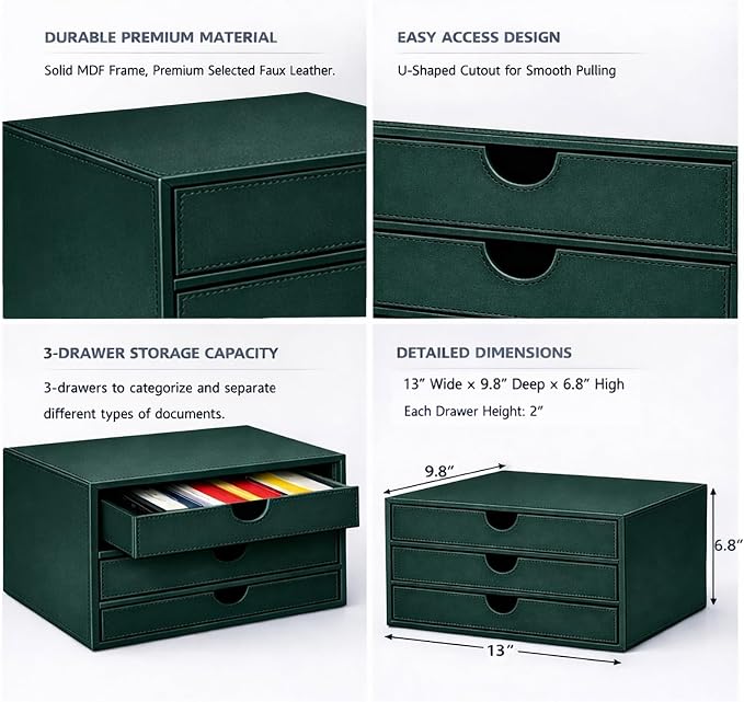 UnionBasic Document Organizer, 3-Drawer File Cabinet Document Storage Box, Office Desktop Filing Organizer, Dark Green