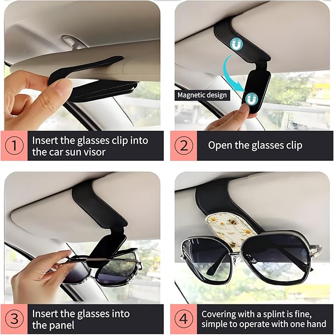 Sunglasses Holder for Car Visor, PU Leather Glasses Clip Organizer, Cute Magnetic Eyeglass Holder for Vehicle Sun Visor, Car Interior Accessory for Women & Men Bee Daisy Cream