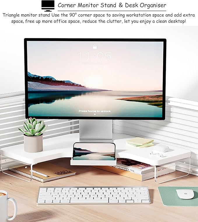 ROYUMI Corner Monitor Stand - Clear Acrylic Leg & Wood Screen Stand, L-Shape Desk Triangle Riser for Monitor/Laptop/Computer, Organizer With Drawer (Brown)