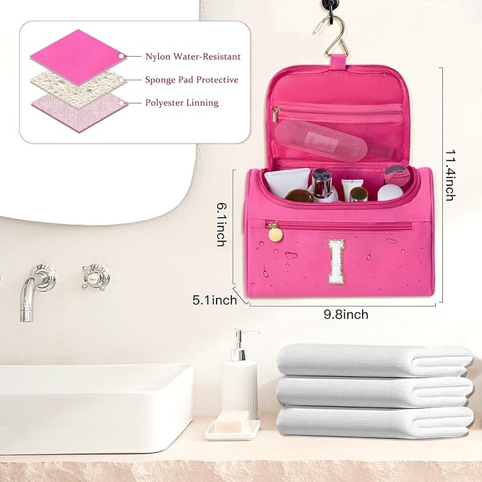 COSHAYSOO Initial Girls Hanging Toiletry Bag Tween Preteen Teenager Valentines Day Birthday Gifts Basket Stuffers for Teen Girl 10-12 12-14 16-18 Travel Trip Favors College Dorm Gift Pink Letter I