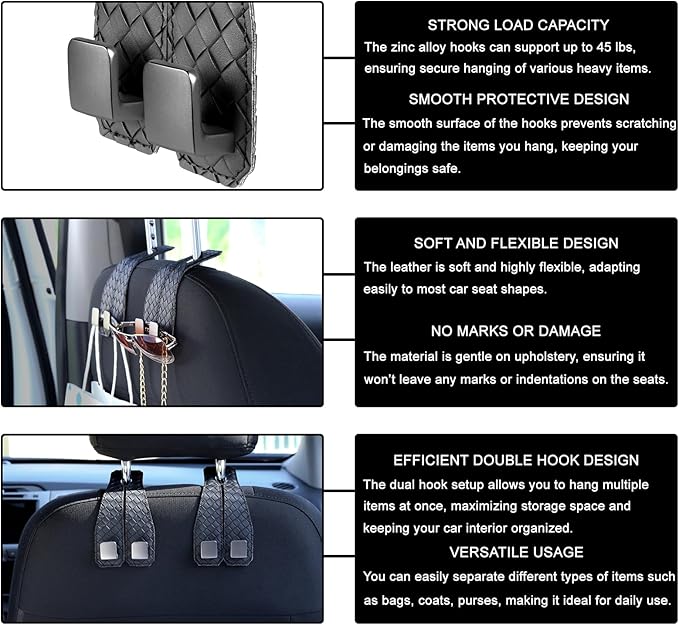 2 Pack Car Seat Headrest Hooks, Nappa Leather Car Back Seat Hangers for Purses and Bags, Woven Design with Double Dual Zinc Alloy Hooks for Car Organization and Storage(Black)