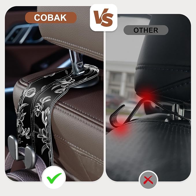 CoBak Purse Hook for Car - Universal Premium Stitched Leather and Aluminum-Magnesium Alloy Double Car Seat Back Storage Hook for Purses, Handbags, Bags (2 Pack),Floral Trace