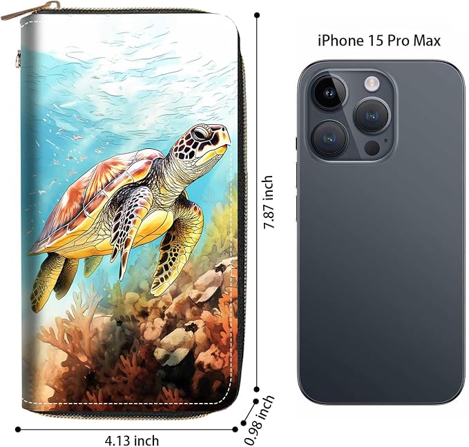 Women's Large Capacity Wallet PU Leather Zip Around Clutch Purse Multifunctional Wallet with Removable Wristlet Strap for Smart Phone/Coin/Card/Cash - Sea Turtle