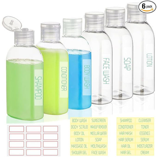Travel Bottles for Toiletries 6 Pack 3.4oz/100ml TSA Approved Shampoo and Conditioner Bottles Leak-proof Squeezable Travel Size Containers Refillable Empty Plastic Squeeze Bottle (Clear)