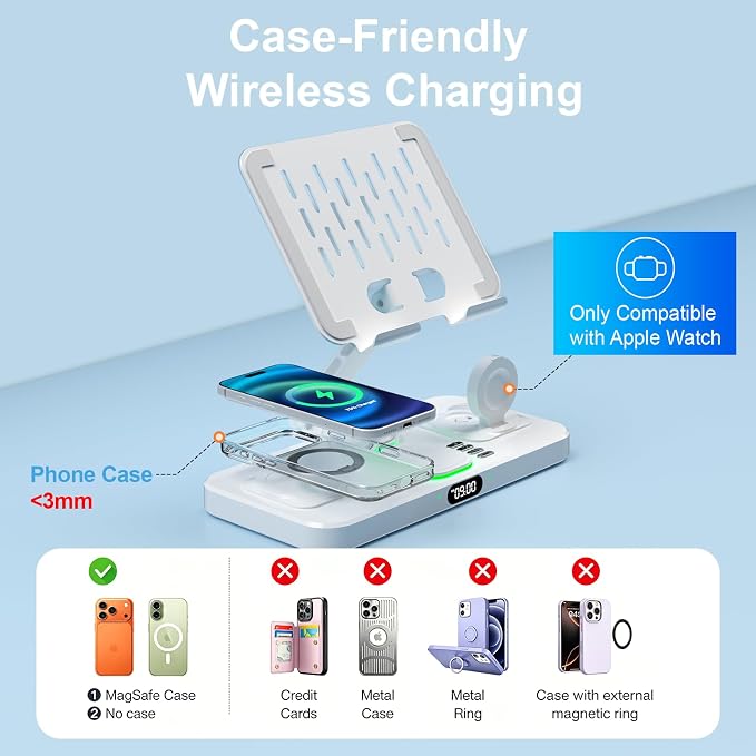 Magnetic Charging Station for Apple Multiple Devices, Wireless Charger with Clock & Light, Foldable Wired Charging Stand for iPad/Tab, Mag-Safe Charger for iPhone 17, for Apple Watch for AirPods