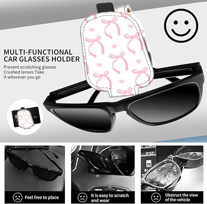 Leather Magnetic Sunglass Holder for Car Sun Visor, Cute Eyeglass Ticket Card Hanger Clip, Universal Auto Interior Accessories for SUV Pickup Truck White Pink Bow