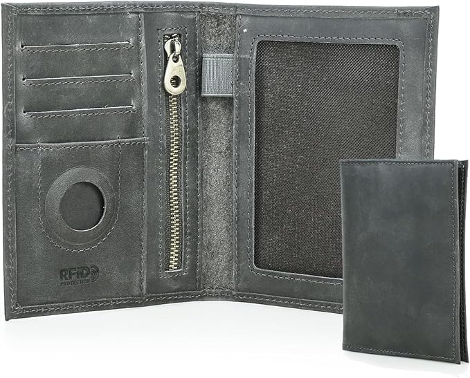 CONTACTS Full Grain Leather Passport Holder RFID Blocking Travel Passport Wallet Compatible with Airtag Passport Cover Case with 4 Cards Slots, Coin Pocket (Gray)