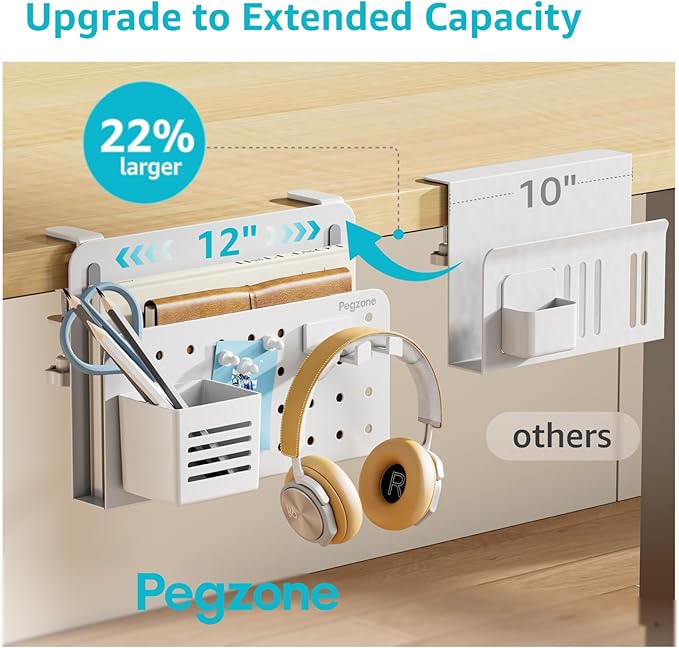 Desk Side Storage Organizer, No Drill Under Desk Laptop Holder, Clamp on Desks Shelf with Pegboard Accessories, Hanging Laptop Mount, Fits Flat Edge 0.4" to 2.2", White
