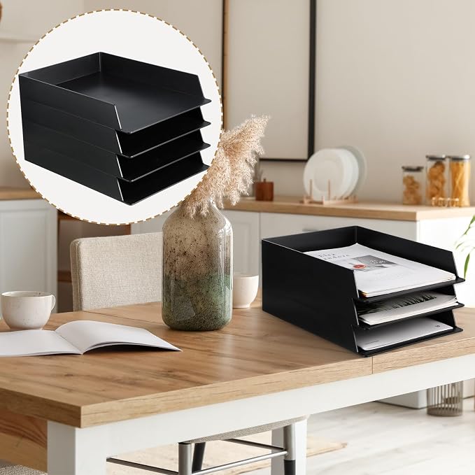 Wenqik 12 Pcs Stackable Paper Trays Rectangular Plastic Desk Holder Desktop Document File Organizer Storage Letter for Office Classroom (Black)
