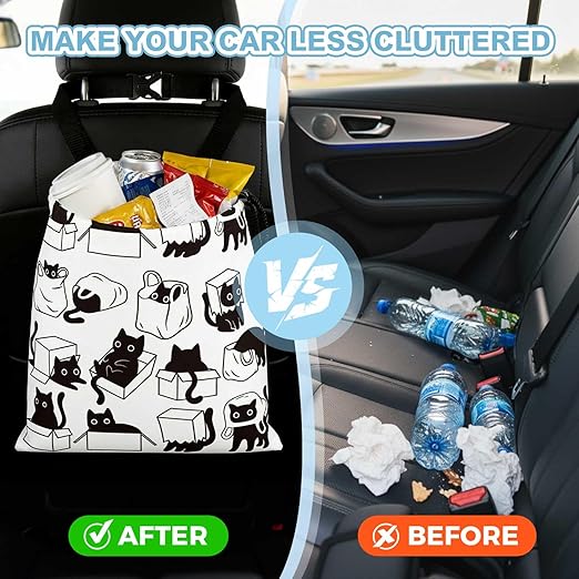 Playful Black Cat Car Trash Bag - Waterproof Car Trash Bag Hanging Leakproof Car Garbage Bag - Washable Reusable Trash Bag For Car Interior Hanging Organizer Storage Vehicle Travelling Camping