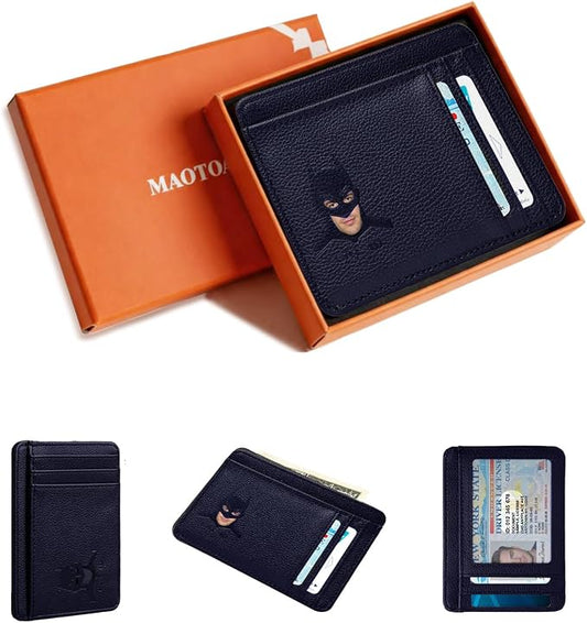 Leather Bat Wallet for Men and Women Personalized Wallet,Design with Cut-out Face,Slim Bat ID Wallet for Quick Access,Multiple Card Slots and Cash Compartments, Best Gift for Holiday（Dark Blue）
