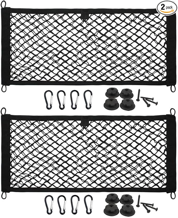 [2 Pack] JAVOedge Large Cargo Net for Car, SUV, Truck, RV, Boat – Elastic Storage Mesh Organizer with Built‑in Hooks, 8 Screws & 8 Carabiners – Heavy‑Duty Trunk Cargo Net & Vehicle Storage Bag