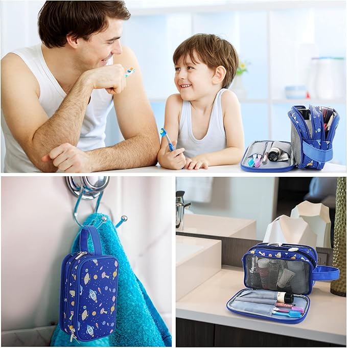 Kids Toiletry Bag for Boys, Travel Toiletry Bag for Little Young Boys Waterproof Hanging Wash Bag Toddler Traveling Toiletries, Space Blue
