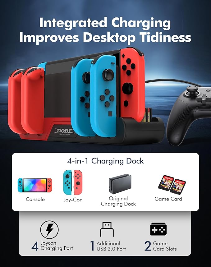 Charging Dock Compatible with Nintendo Switch/OLED Joy-Cons, Charging Station Supports simultaneous Charging of 4 Joy-con, Fully Charges Controllers in Just 2 Hours, All in One Solution for Switch