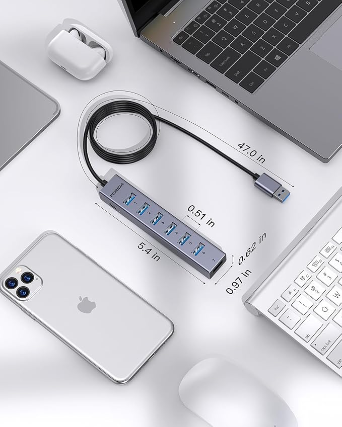 FORIDA Aluminum Alloy 8 Port USB Hub Long Cable USB Splitter with 7-USB3.0 Data Ports and TypeC 5V/3A Power Port Compatible with MacBook, Laptop,Surface Pro, PS5, PC and More (Gray, USB A-47in)