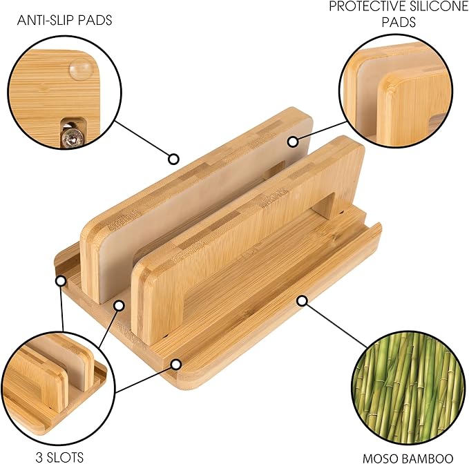 S&A WOODCRAFT 3 Slots Bamboo Wood Vertical Laptop Stand, Adjustable Wooden Laptop Holder, Non-Slip Laptop Dock Compatible with Apple MacBook, Microsoft Surface, Gaming Laptops, IPad, Tablets