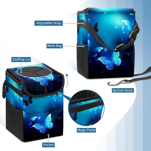 Blue Butterfly Glowing Car Trash Can with Lid Collapsible Reusable Waterproof Car Garage Bag,Automotive Garbage Can,Car Accessories Interior Car Organizer
