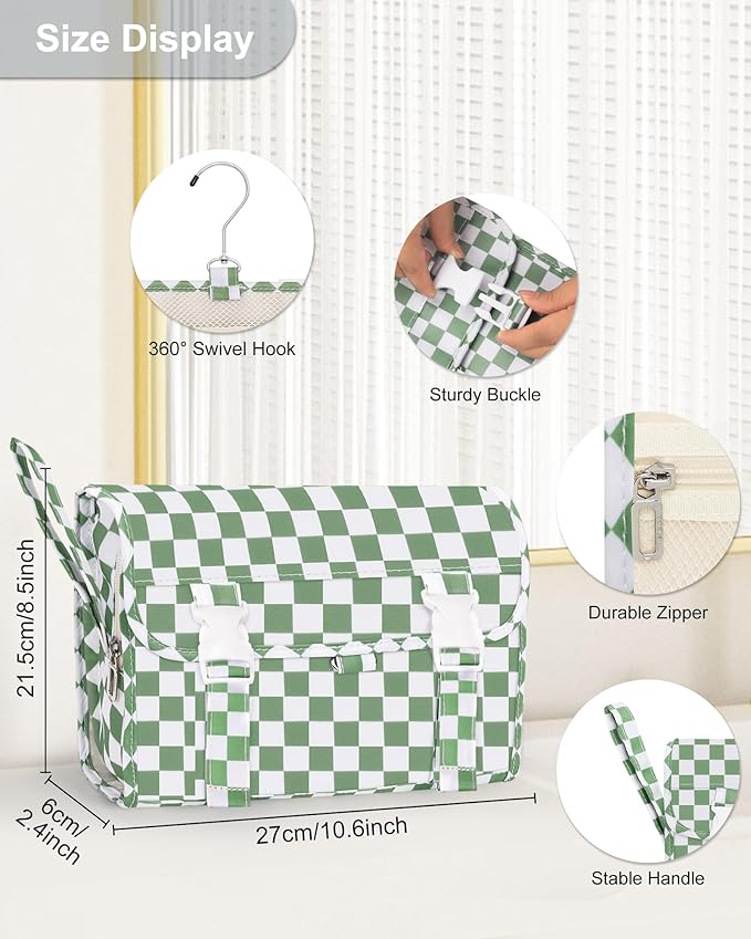 Relavel Travel Hanging Toiletry Bag for Women, Large Capacity Wash Bag with 360 degree Rotation Hanging Hook, Portable Toiletries Makeup Organizer Storage for Daily Use, Trip, Camping - Green Plaid