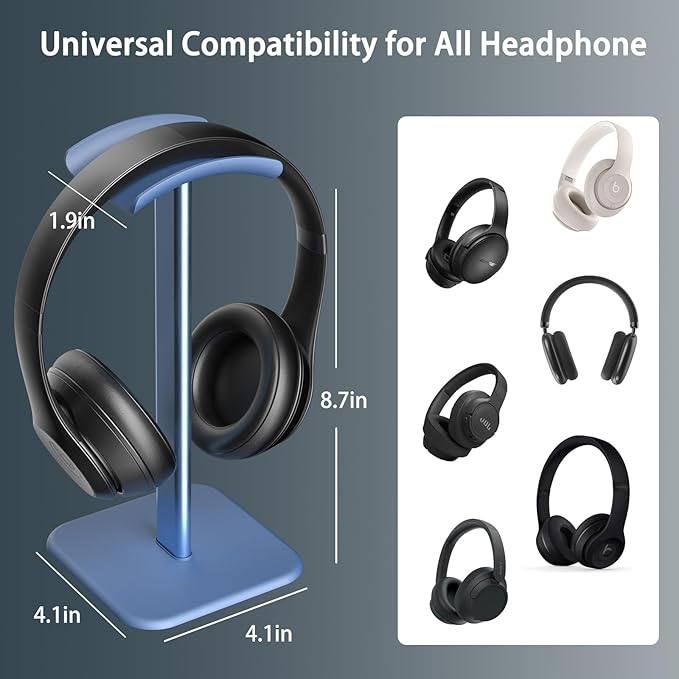 Headphone Stand for Desk - Headset Stand with Aluminum Hanger, Headphone Holder for AirPods Max, Sony, Bose, Beats and More (Blue)