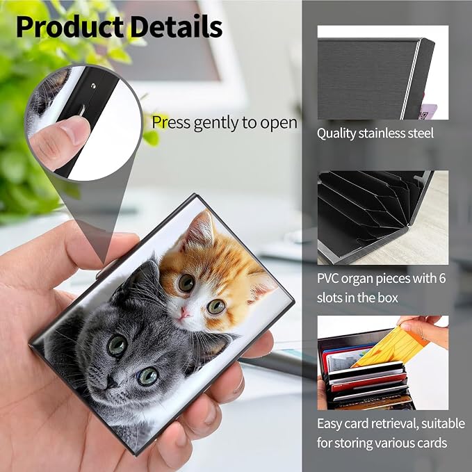 Metal Wallet, Credit Card Holder for Women Men Girls, RFID Blocking Aluminum Wallet Slim Hard Case, Mini Travel Wallet, ID Card Holder Business Card Case,Cute Cats