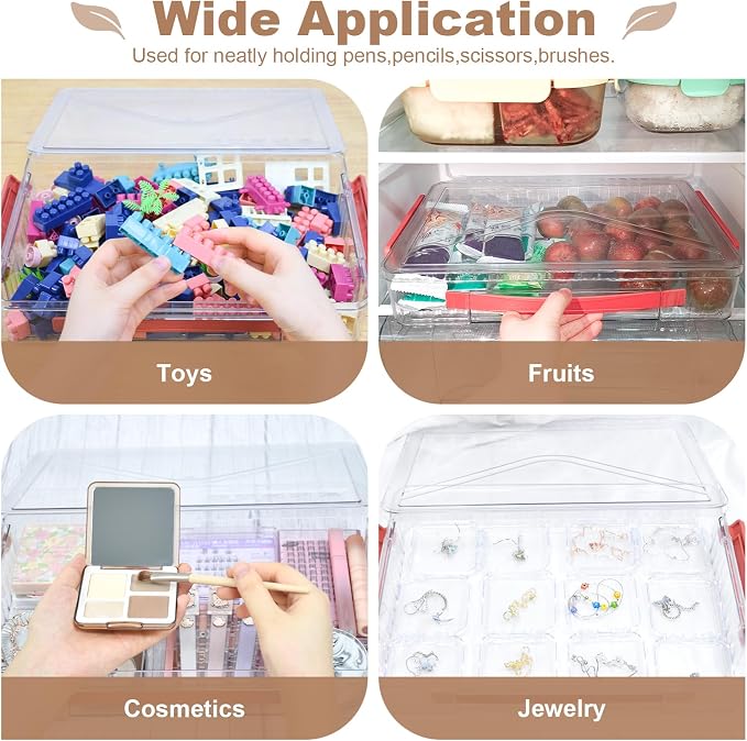 Clear Storage Boxes with Lid - A4 Transparent Paper Storage Organiser with Handle and Portable Project Case Drawer Organizer for Storing Certificates Photos Scrapbook and Invoices(Red Handle)