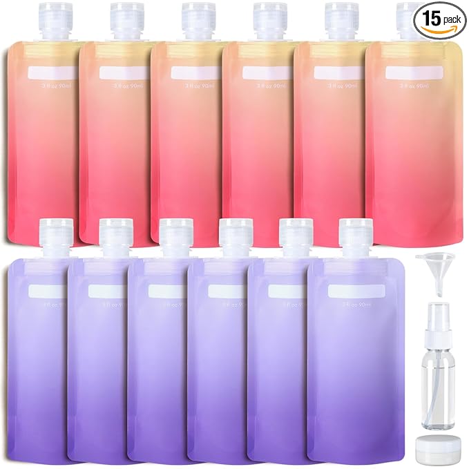 PACKISM 15 Pack Travel Pouches for Toiletries - 3 oz Leak Proof TSA Approved Liquid Containers, Squeeze Bags for Shampoo Lotion, Space Saving Refillable Carriers, Gradient Purple Cherry Yellow