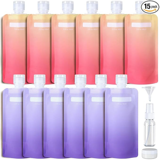 PACKISM 15 Pack Travel Pouches for Toiletries - 3 oz Leak Proof TSA Approved Liquid Containers, Squeeze Bags for Shampoo Lotion, Space Saving Refillable Carriers, Gradient Purple Cherry Yellow