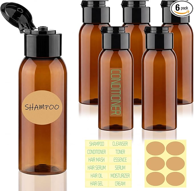 6 Pack 3.4oz Travel Bottles for Toiletries Leak Proof Travel Size Toiletries Wide Mouth Containers TSA Approved Squeeze Bottles with Flip Cap for Shampoo Conditioner Body Wash Lotion(Brown)