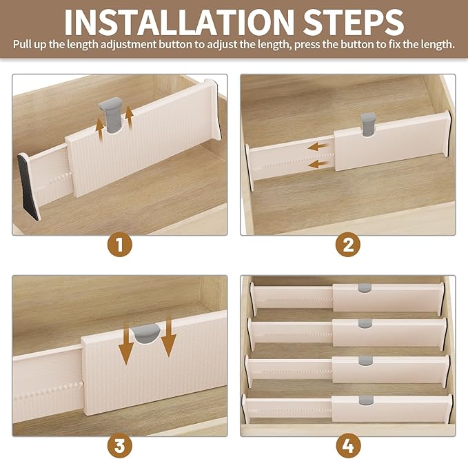 Drawer Dividers Organizer, Adjustable Separators 4" High Expandable from 11-17" for Bedroom, Bathroom, Closet, Clothing, Office, Kitchen (Beige, 8 PACK)