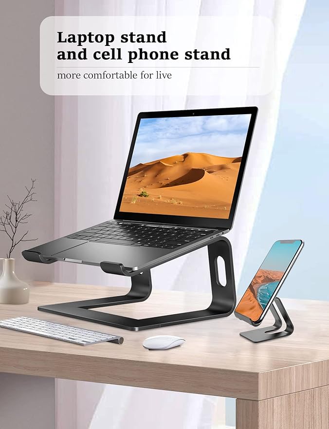 Laptop Stand for Desk Aluminum Laptop Riser Holder for All laptops 10-17 Inches,Include A Cell Phone Stand(Black)