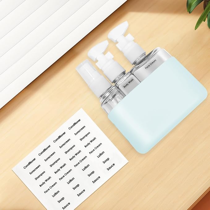 Skycase Travel Bottles - Leak Proof Refillable Tsa Approved Travel Size Toiletries, 3 in 1 Liquid Bottles Containers with Labels and Funnel Airplane Accessories Kits for Lotion Liquid (Blue)
