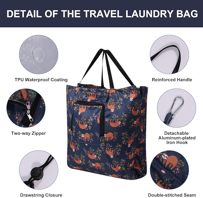 2 Pack Travel Laundry Bag with Handle and Drawstring, Expandable Foldable Dirty Clothes Bags with Hook and Zipper, 23*20 inch, Panda & Sloth