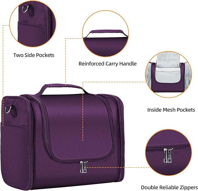 Buruis Extra Large Toiletry Bag for Women and Men, Hanging Travel Bag with Detachable Shoulder Strap for Full-Sized Toiletries, Water-Resistant Dopp Kit for Family Use and Long Trips, Purple